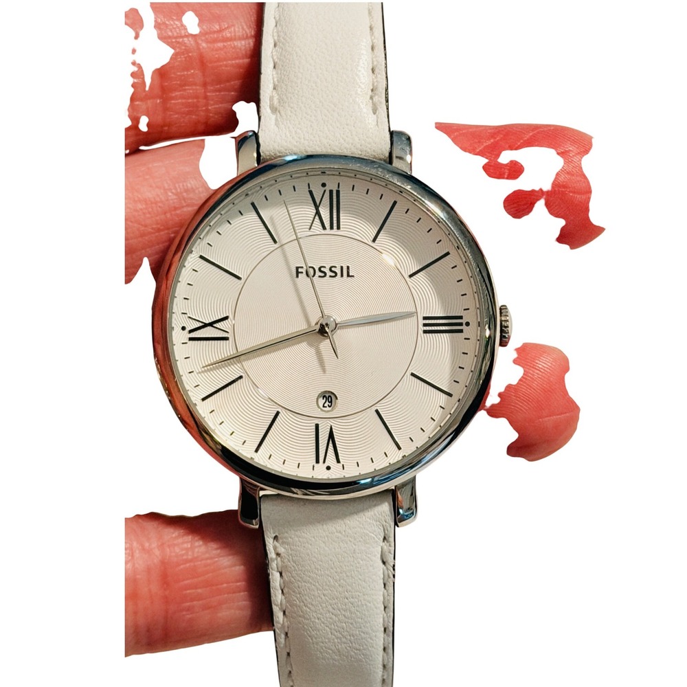 Fossil Jacqueline ES3484 Silver Tone White Leather Strap Roman Numeral Watch